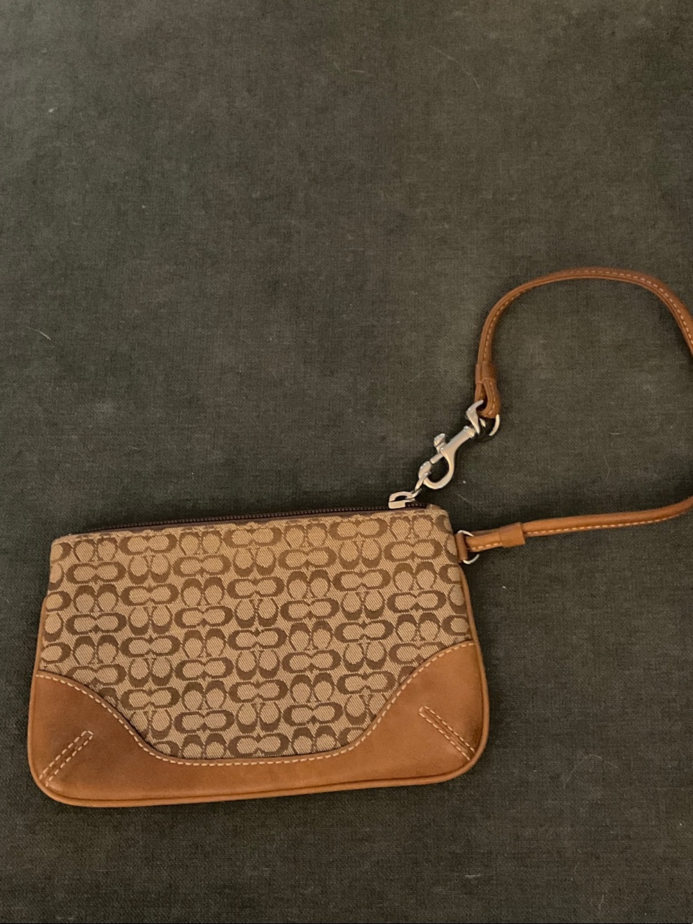Coach Brown Signature Canvas Wristlet with Leather Trim